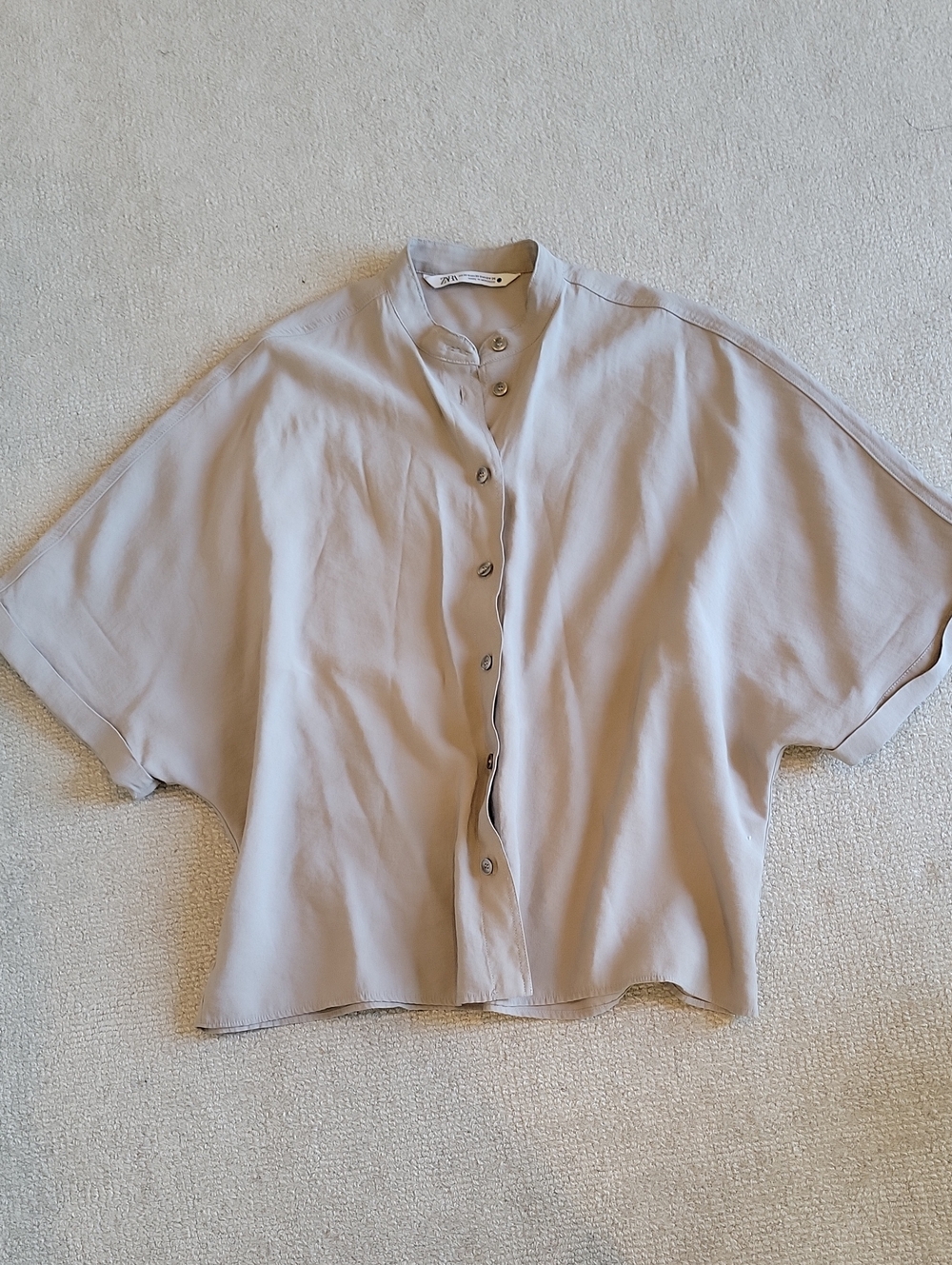 Zara Neutral Taupe Short Sleeve Button Blouse Oversized Fit